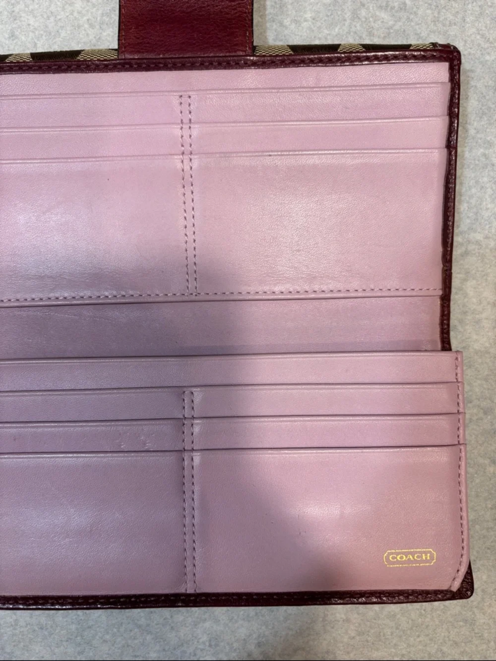 Coach Brown Signature Canvas Wallet with Burgundy Trim and Gold Turnlock - Picture 5 of 5